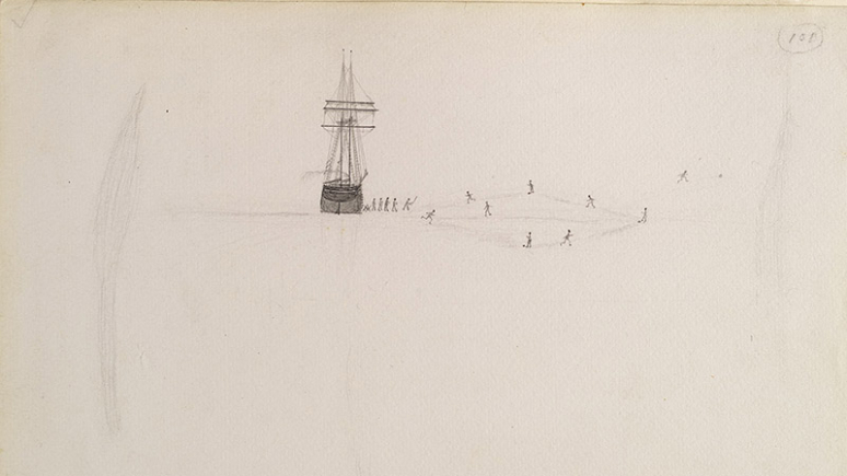 Illustration of a boat with human figures playing on the ice.