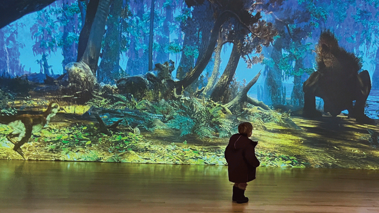 Small boy standing in front of an interactive wall showing a prehistoric forest with dinosaurs.