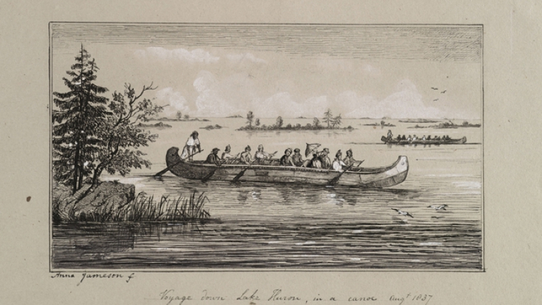 Depiction of people in a canoe.