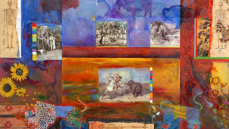 Image: Jane Ash Poitras, Buffalo Seed. Mixed media, oil on canvas, 2004.