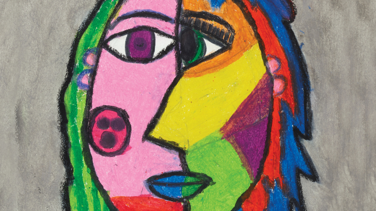 Detail of a drawing of a girl's head and shoulders made with colourful shapes, placed on a grey background.