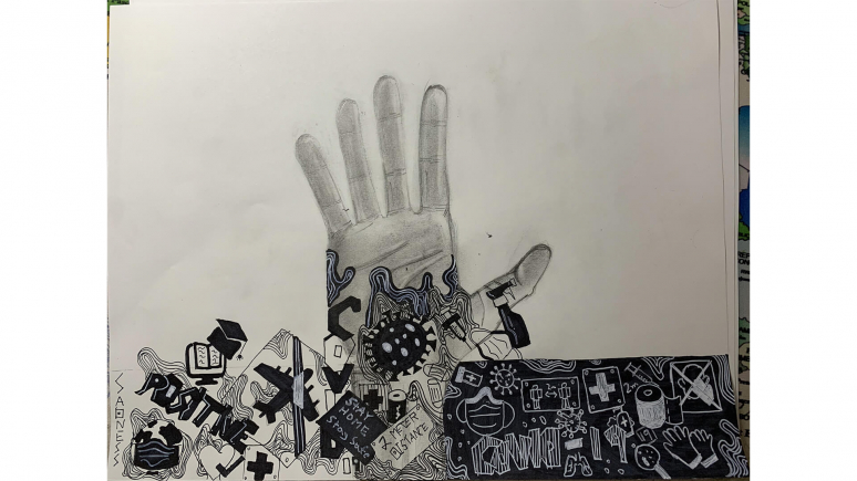 Image noir et blanc d’une main tendue qui émerge d’un tas d’objets au bas du dessin.