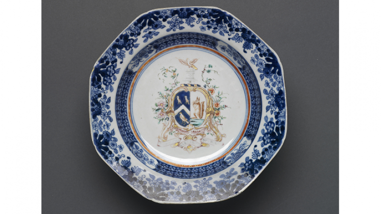 White plate with blue and white border