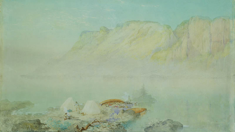 Painting in blues with mountains rising above fog, and people setting up camp in the foreground.