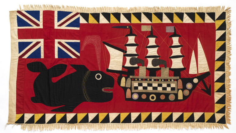 A handmade flag depicting the British flag, a black bird and ship.