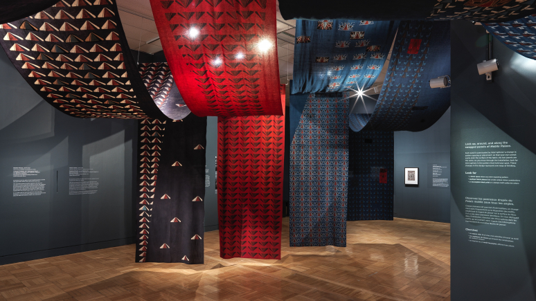 Section of hanging and suspended, pattern-printed blue and red cotton fabric panels in the exhibition Swapnaa Tamhane: Mobile Palace, at ROM.