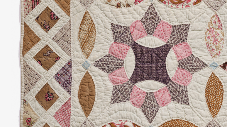 Patchwork quilt (detail), 1840-1850, Belleville, Ontario. Cut and pieced roller-printed cotton tabby. 969.188.2. Gift of Mrs. C. D. McPherson. Image @ ROM.
