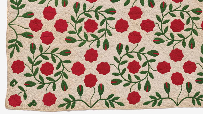 Appliqué quilt, "Wreath of flowers" or "garden wreath" pattern, 1865, Catherine Petit Gage, Fruitland, ON. Appliquéd and pieced cotton. 967.168.2. Gift of Hattie I. and Charlotte Jones.  Image @ ROM.