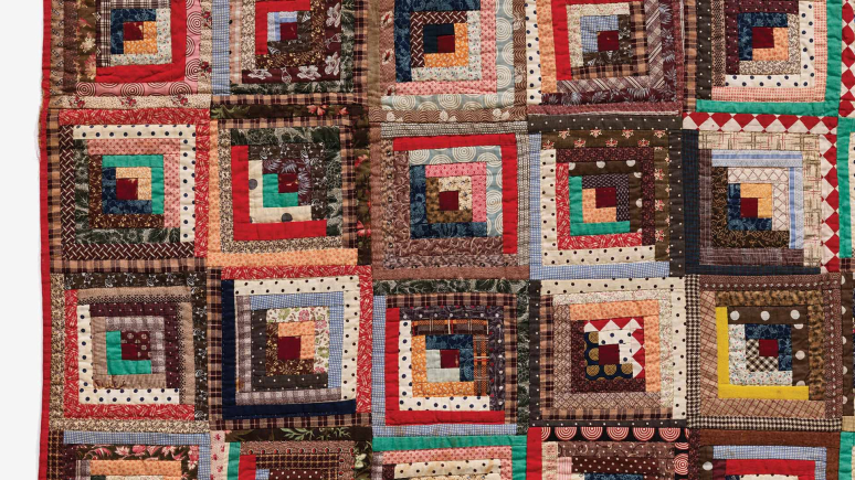 Log cabin quilt (detail), 1890s, Frederica Matilda Tompkins, East Florenceville, New Brunswick. Cotton and wool. 987.212.1. Gift of Mrs. Audrey L. Livingstone. Image @ ROM.
