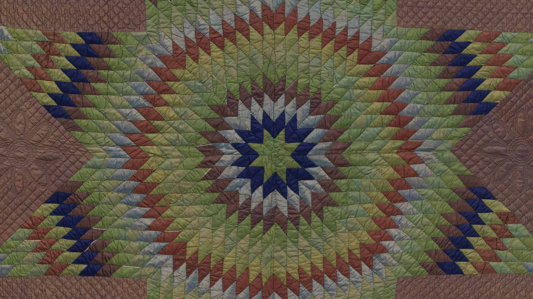 Pieced quilt (detail), 1840-1860, Janet Murray, Haldimand County, Ontario.  Silk tabby, pieced and quilted. 974.67.  Image @ROM.