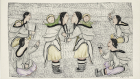 Napachie Pootoogook (1938-2002), Untitled (Kattajjaq Performers and Women Sitting), 2000, felt-tip pen, coloured pencil on paper mounted on cardboard, 38.8 x 60.4 cm. Collection of Jean-Jacques Nattiez. © Reproduced with the permission of Dorset Fine Arts. Photo MMFA, Christine Guest.