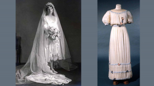 1926 silk satin and lace wedding dress worn in Toronto by Mrs Ruth Bernice Burnham nee Ratcliff. Made by Martha located at 65 Bloor Street West, a leading Toronto couturier at the time. Gift of Dorothy de Haas. ROM 996.115.1.1-4. Jeanne Lanvin silk crepe evening dress, worn by donor for her wedding in 1913. Purchased at Eaton's College Street in Toronto. Gift of Mrs John MacIntosh Duff. ROM 965.53.1