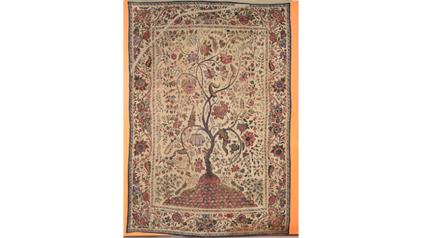 Chintz palampore (textile panel). Made on the Coromandel Coast (northern region) of India for the European market. first half of the 18th century. Painted and resist-dyed cotton tabby with gold leaf. 934.4.13 Harry Wearne Collection, Gift of Mrs. Harry Wearne.