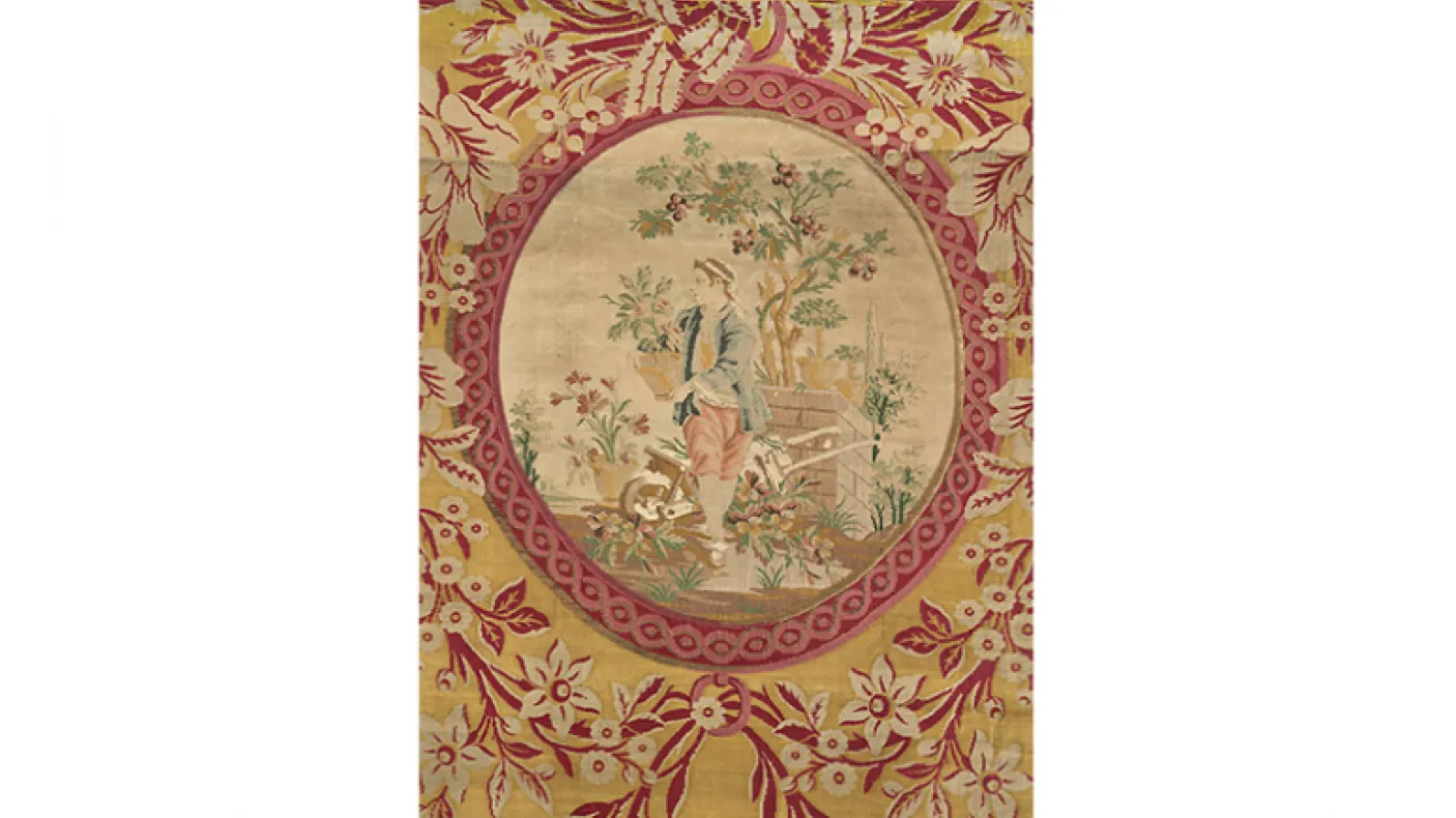 Textile d'ameublement Le Jardinier. Philippe de Lasalle (designer textile français, fabricant, 1723 - 1805). Lyon, France. Début des années 1770. Lampas en soie avec insert en satin broché tissé séparément. 959.7.1.