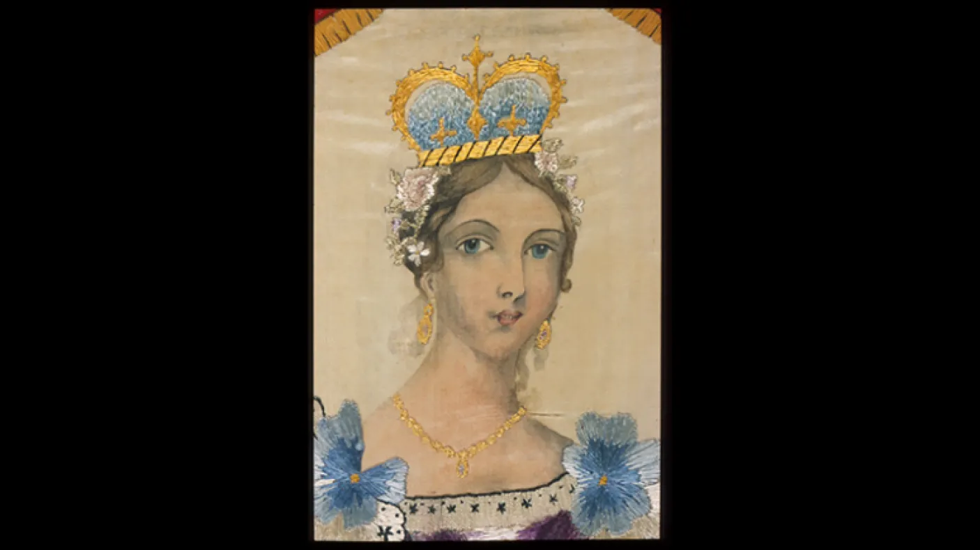 Portrait of Queen Victoria. Embroidered by Agnes Pringle Wallace, based on a painting by Mary Ann 'Mclean' Pringle. St. Thomas, Ontario, Canada. 1841. Satin embroidered in silk and wool. 963.14.2.A. Gift of Mr. Andrew H. Wallace.