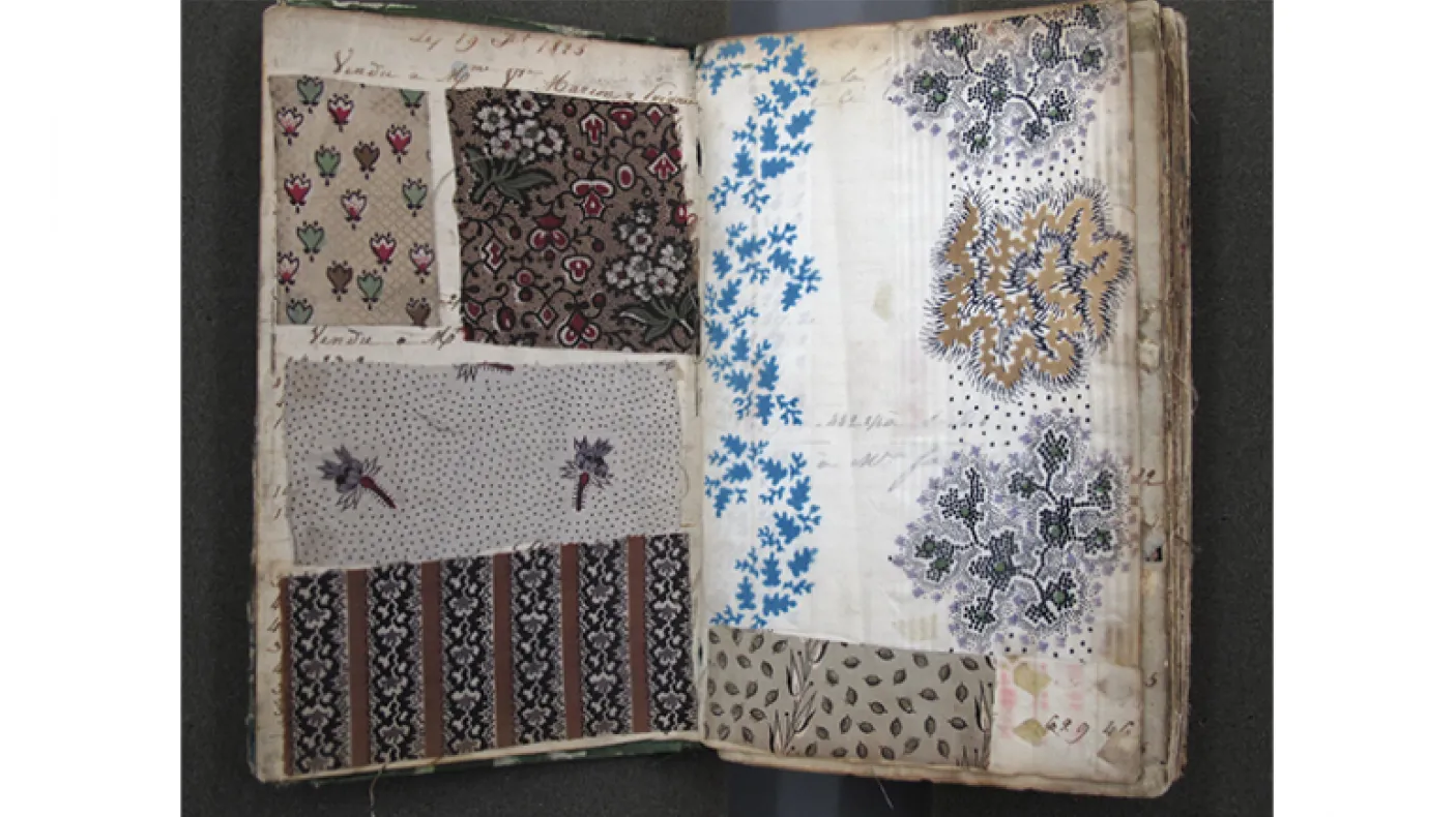 Book of woodblock printed cotton swatches. France. 1825-1830. 958.261. 
