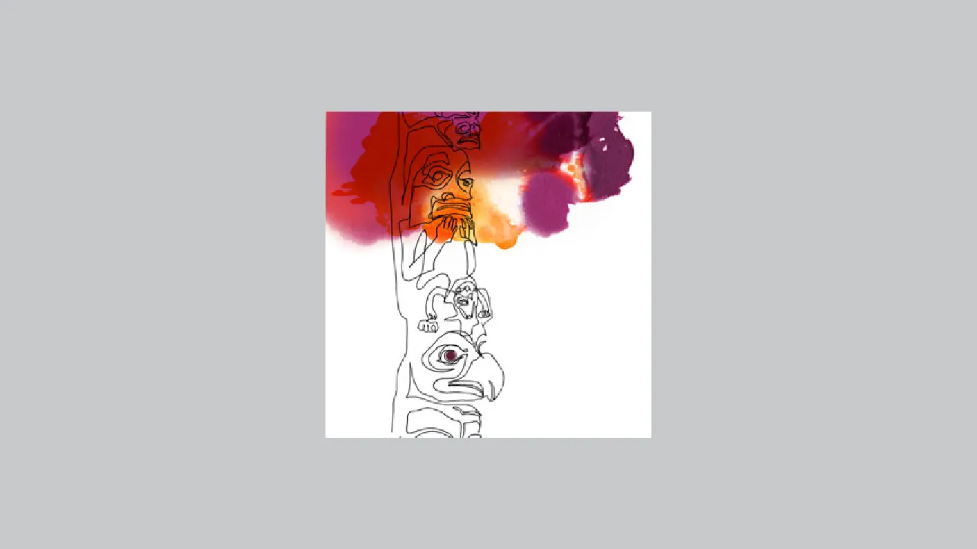 Sketch of a totem pole with red, yellow, and purple ink splodges.