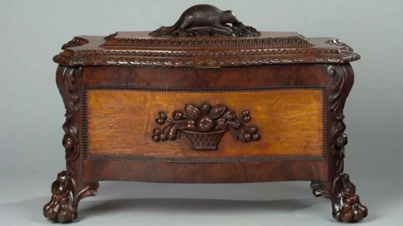 Trace the emergence of Canadian style in furniture and other decorative arts. Sporting a caved beaver andmaple leaf motifs, this iconic wine cellaret was produced in Quebec in the 1880s.