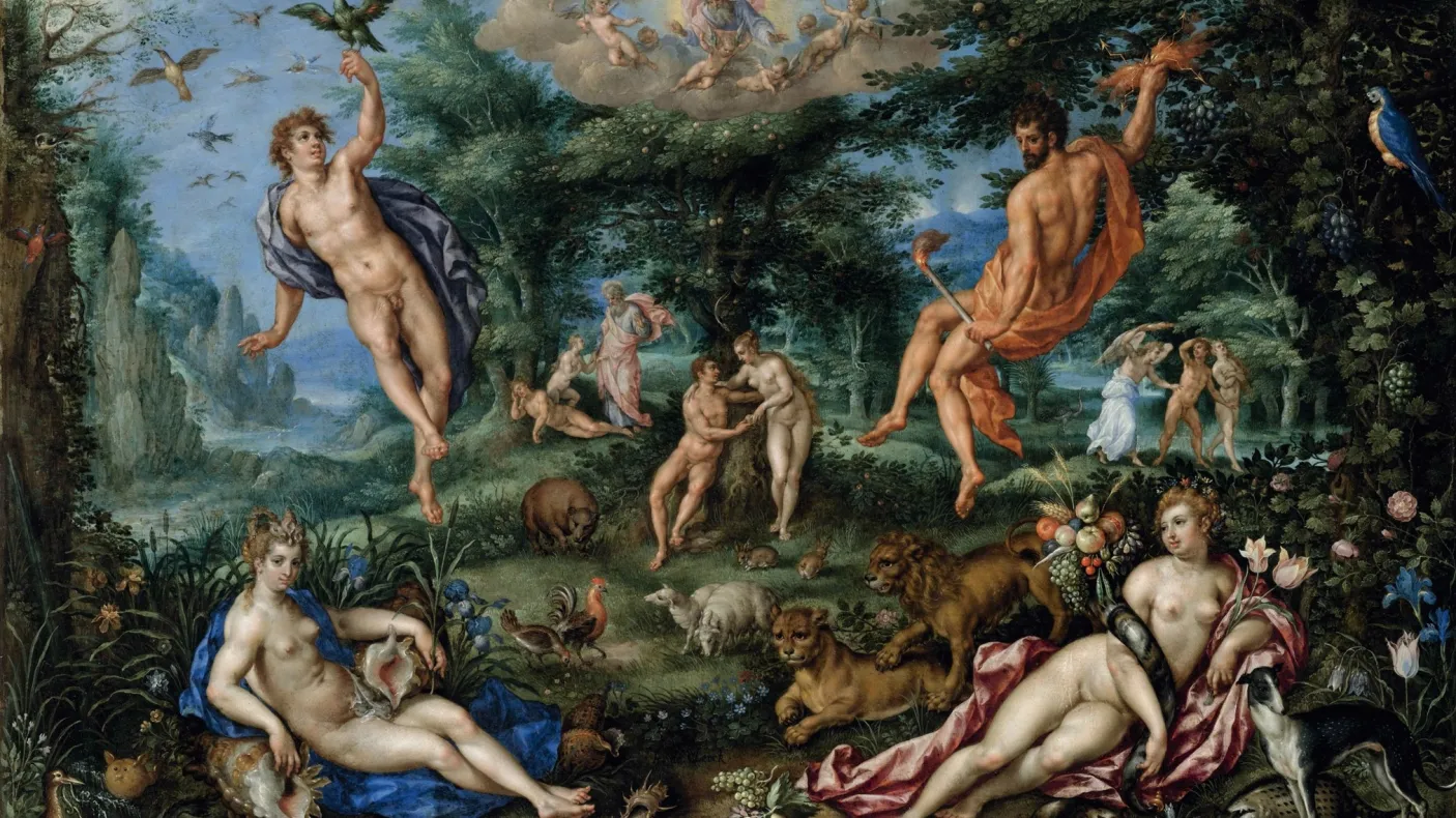 Oil painting of paradise with the four elements