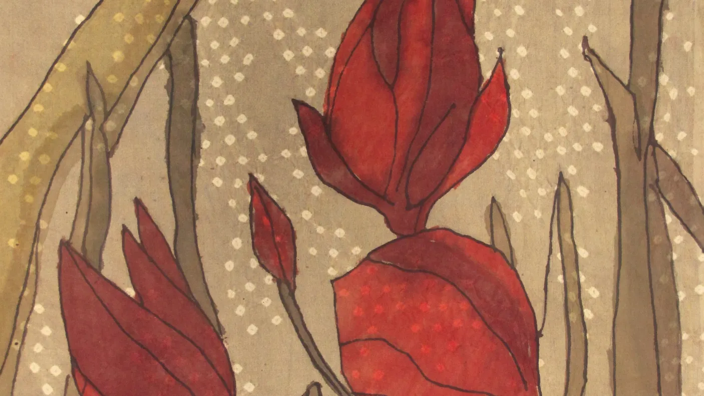 Beige Garment with Red Flowers. 