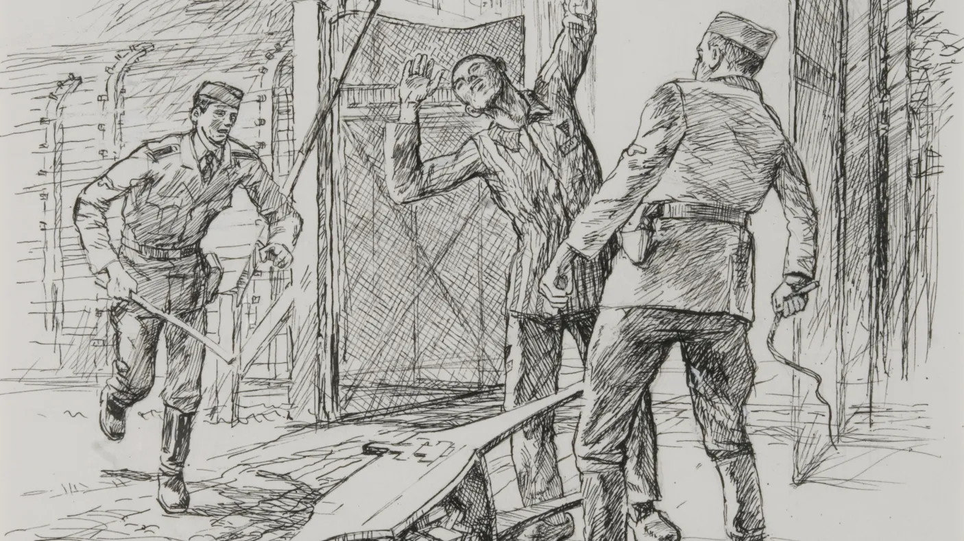 Work Sets You Free Jan Komski 1970–97 Original in the collection of the Auschwitz-Birkenau State Museum. Image used with permission