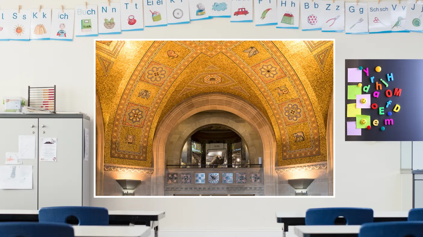Exploring the ROM A screen in a classroom displays an image of a golden mosaic ceiling surrounding an arched balcony, through which a rhino in a case can be seen