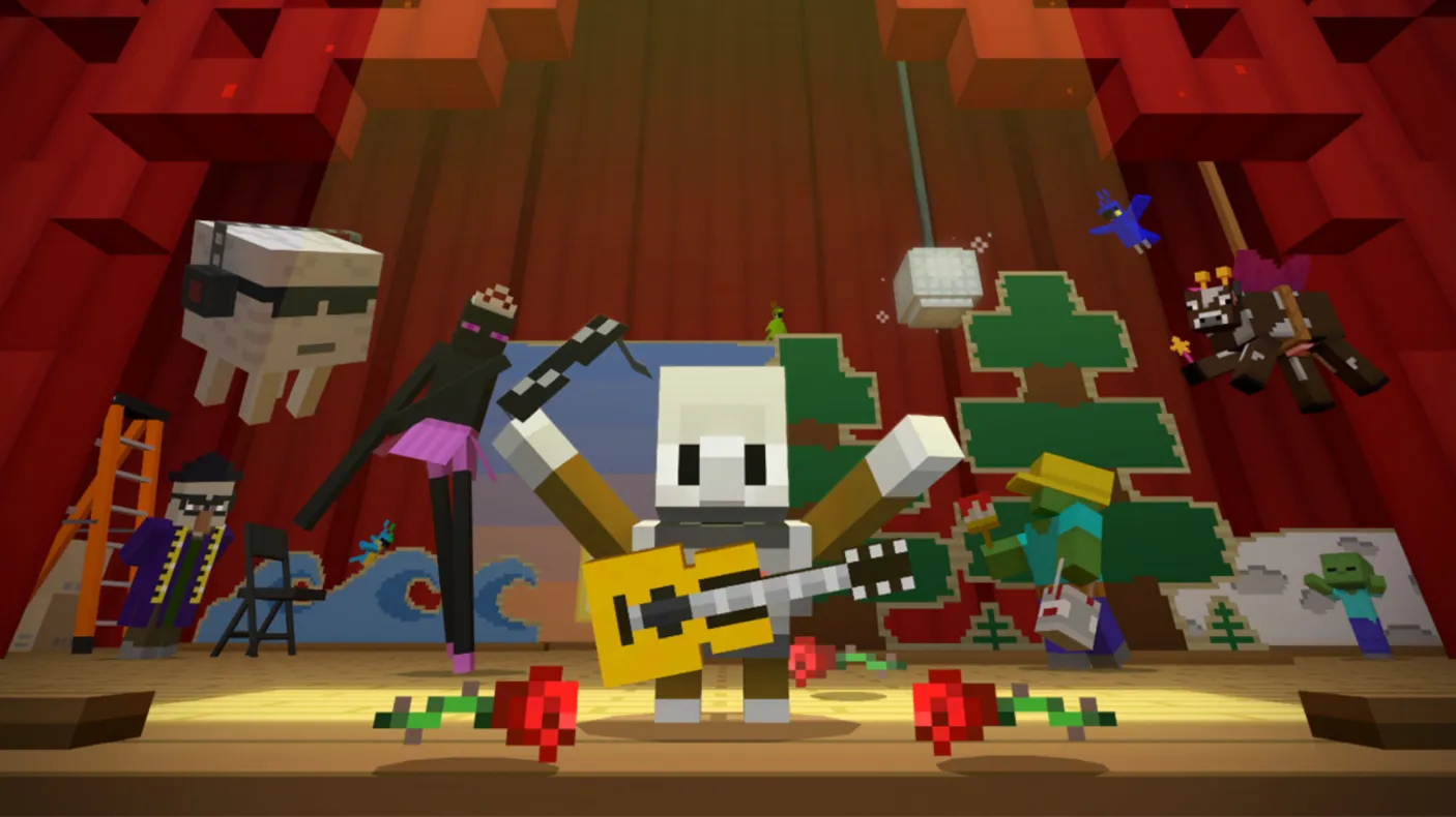 The Show Must Go On A Minecraft screenshot of a small robot standing on a stage surrounded by flowers. On stage around and behind the robot are wacky Minecraft creatures in a variety of theatrical poses.