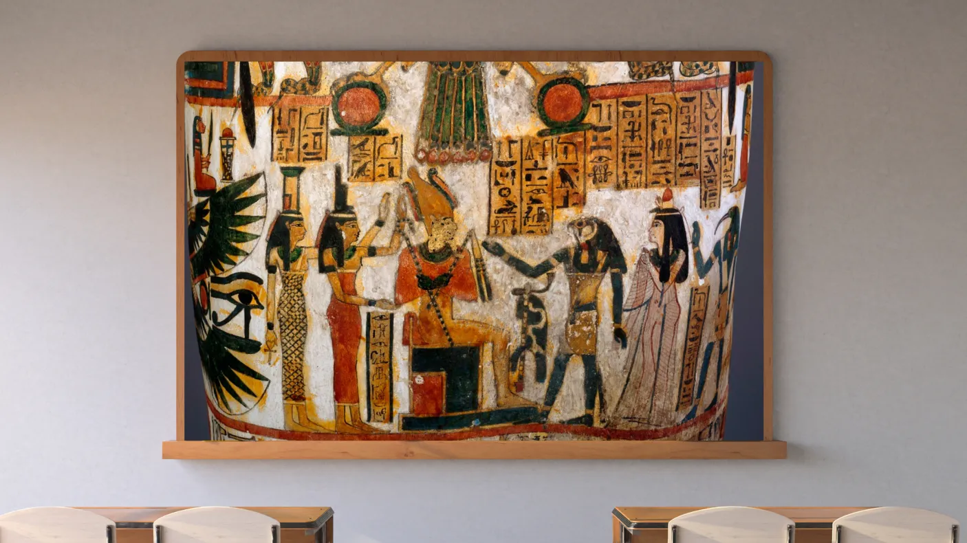 A screen in a classroom displays a scene from an ancient Egyptian coffin with hieroglyphs.