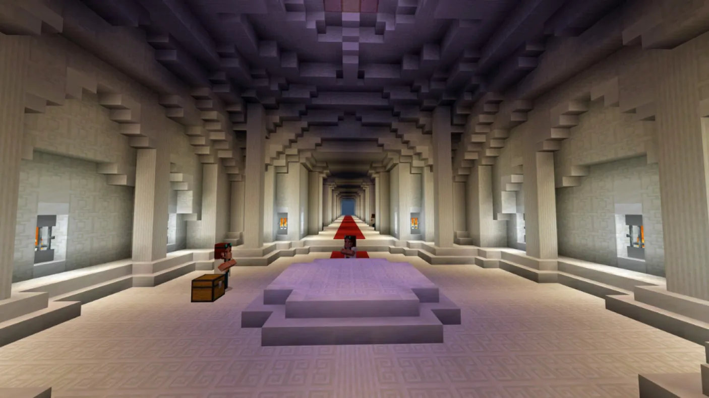 A Minecraft screenshot of a rotunda made of white stone, beyond which are hallways leading to museum displays