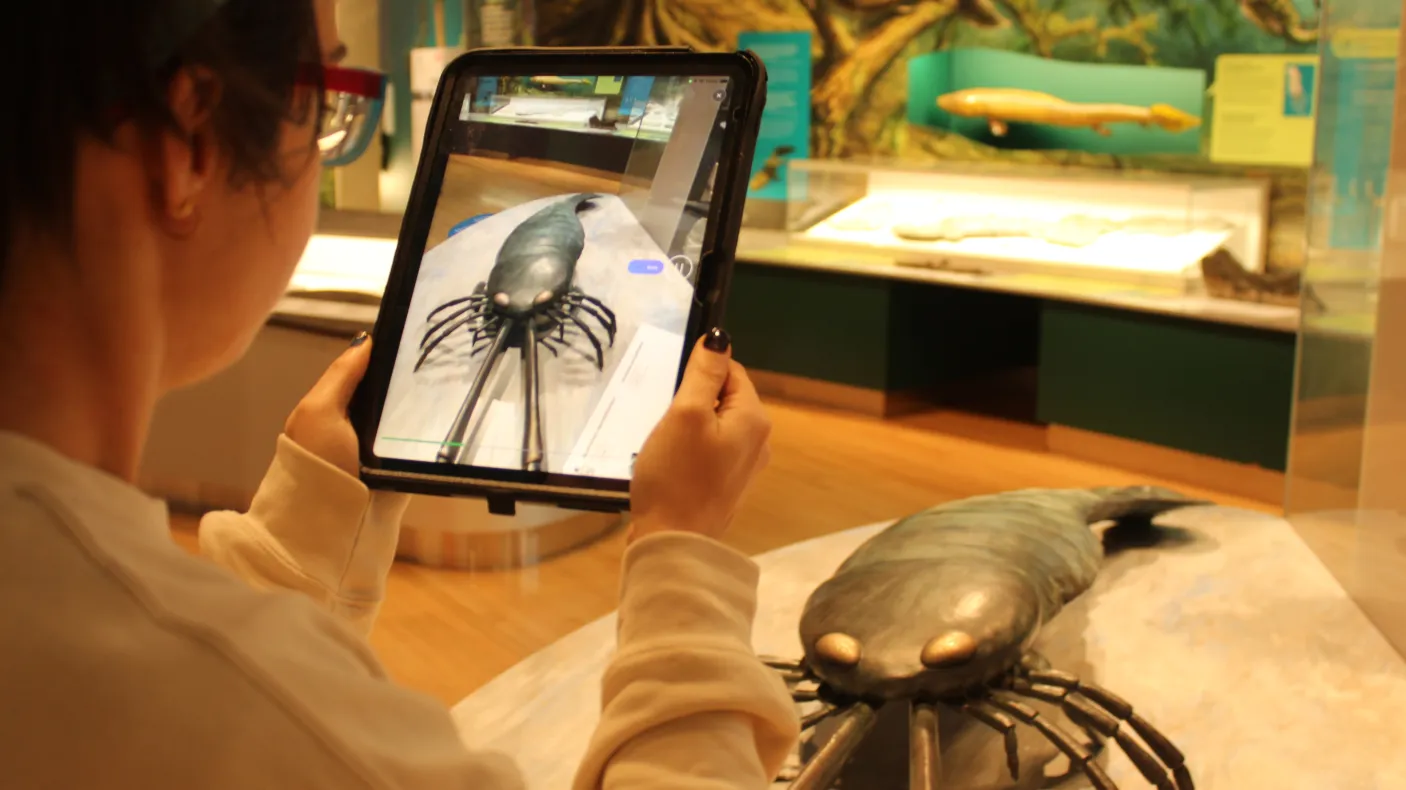 A person 3D scanning a reproduction of Acutiramus macrophthalmus (and the surrounding area) in a museum gallery