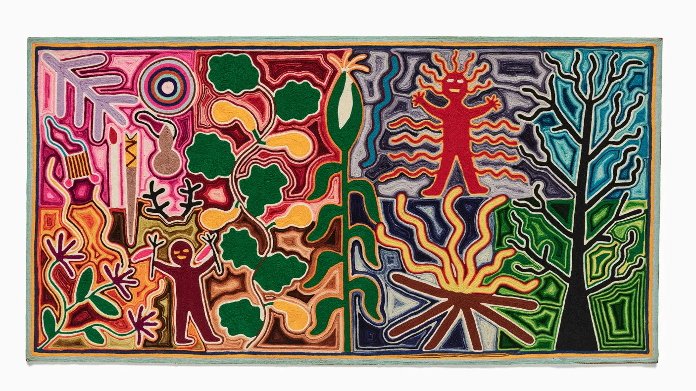 Harvest Yarn Painting, (about 1950–1975), Unrecorded Huichol artist, Mexico. Made with yarn, wax, wood. 