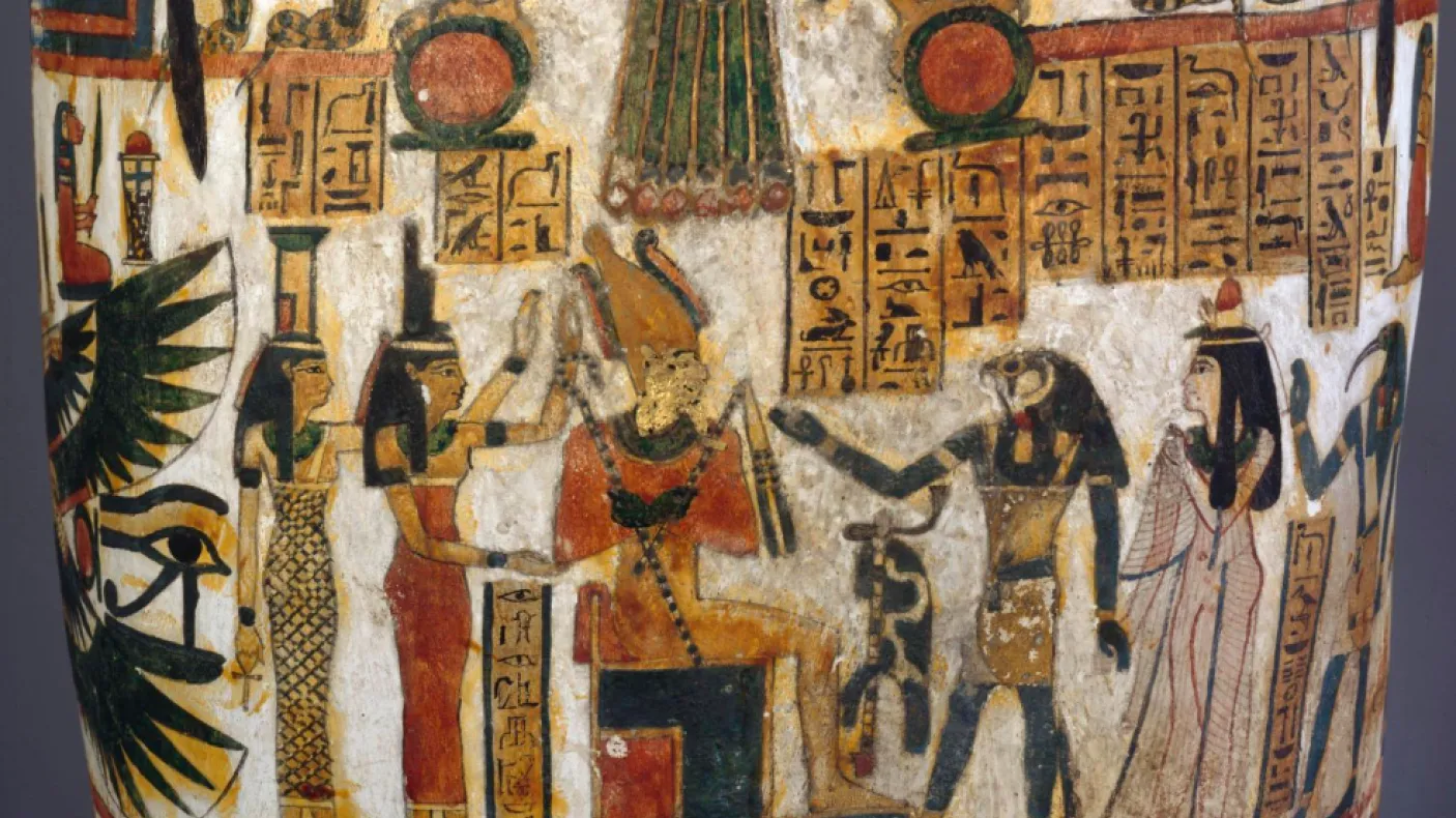 Egyptian painting of a woman being presented to the God Osiris