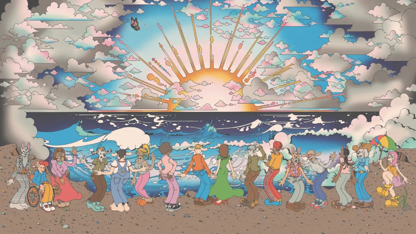 Fresque psychédélique représentant une foule hétéroclite de personnages fantaisistes, mi-humains mi-lapins, dansant sur une plage, avec des vagues déferlantes, un lever de soleil rayonnant et un ciel parsemé de nuages stylisés.