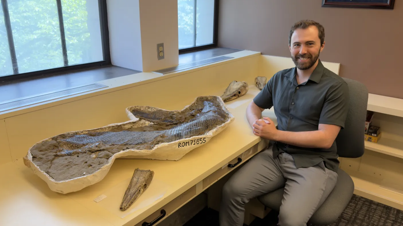Tom Dudgeon sitting next to a long, irregularly shaped fossil on a white table near windows.