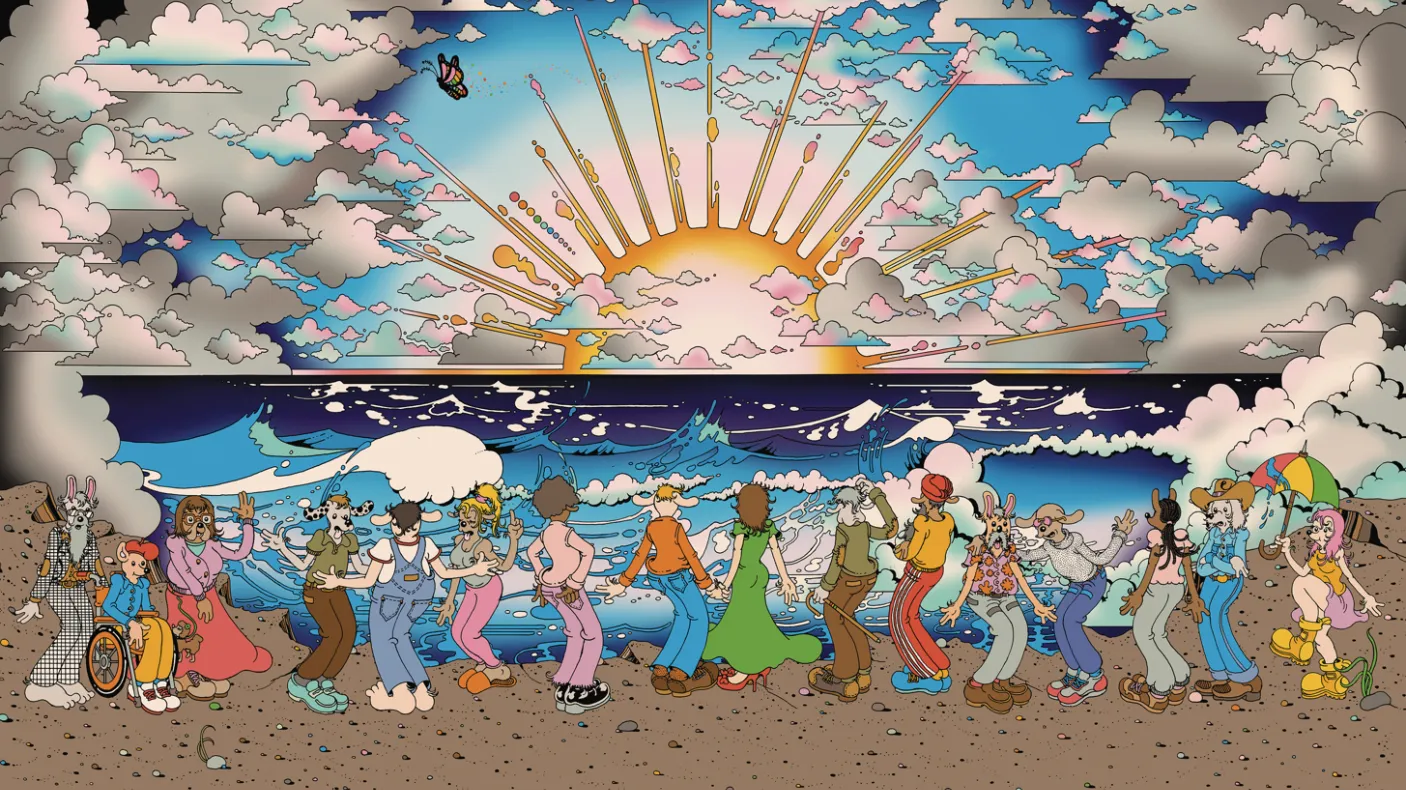 Colourful illustrated seaside scene showing a diverse group of whimsical characters dancing together along a beach, with ocean waves, clouds, and a radiant sunrise in the background.