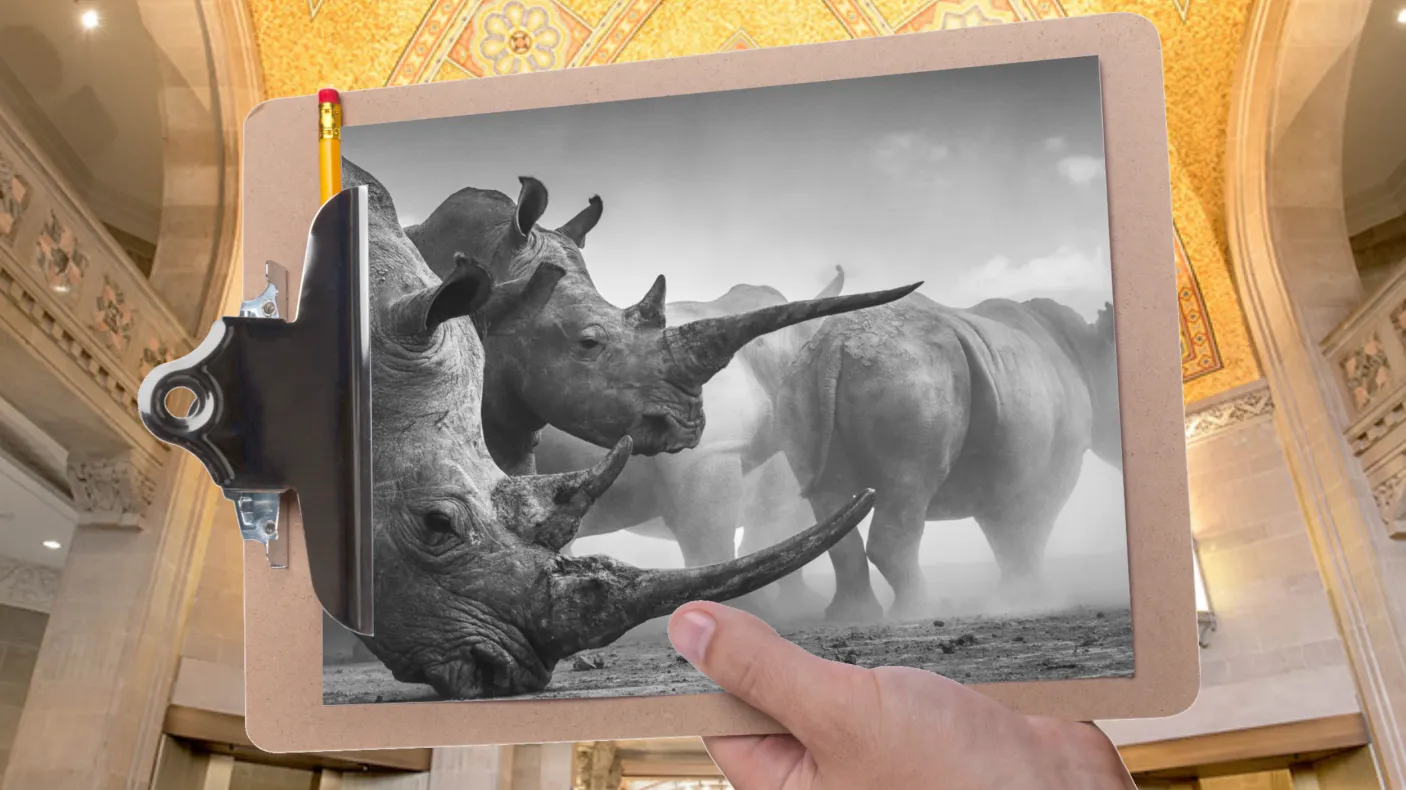 A hand holds a clipboard in front of a gallery with a mosaic ceiling. The clipboard is holding a picture of several rhinoceroses.