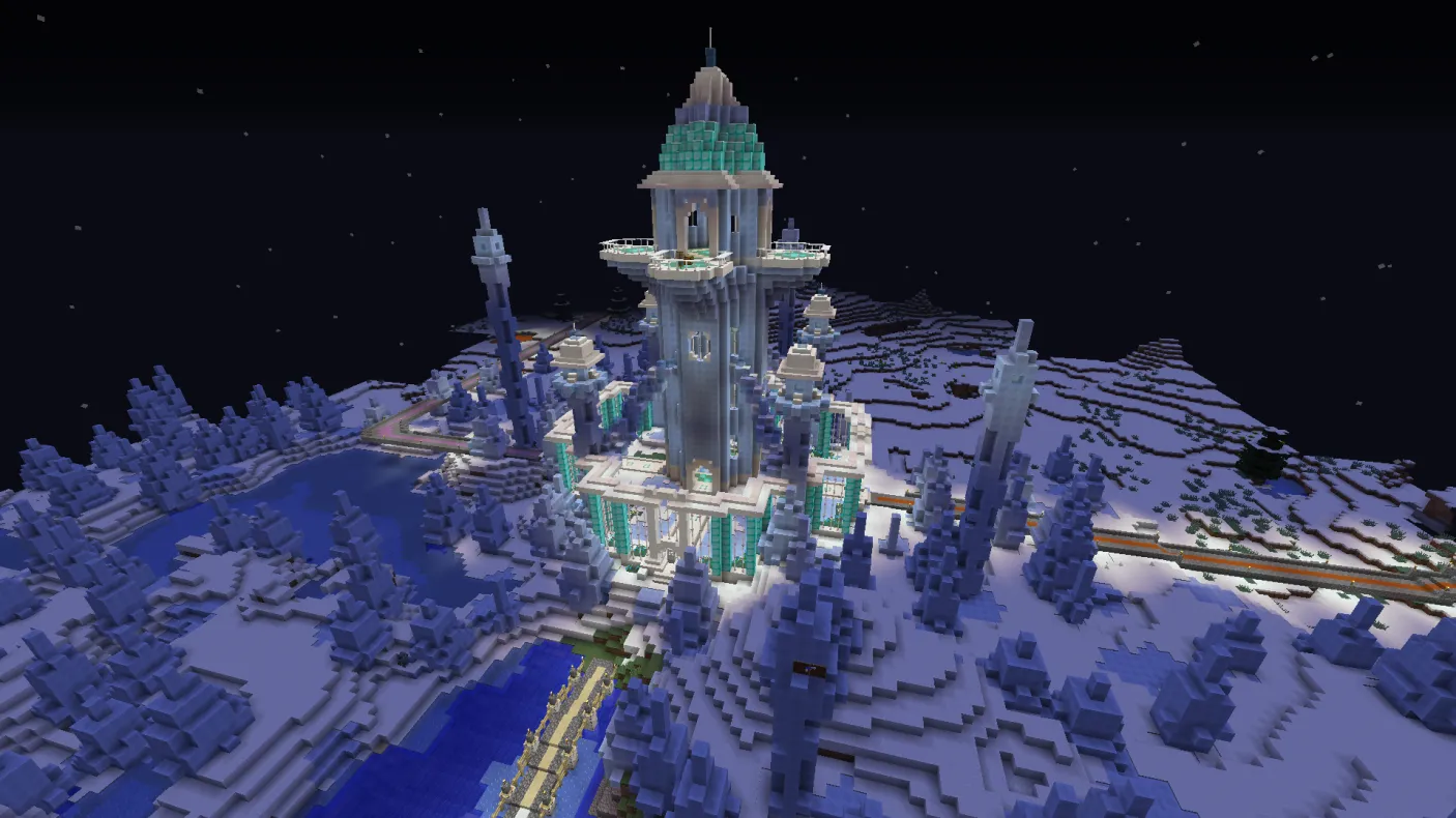 a Minecraft tower with red, yellow, and purple roads leading in different directions away from it
