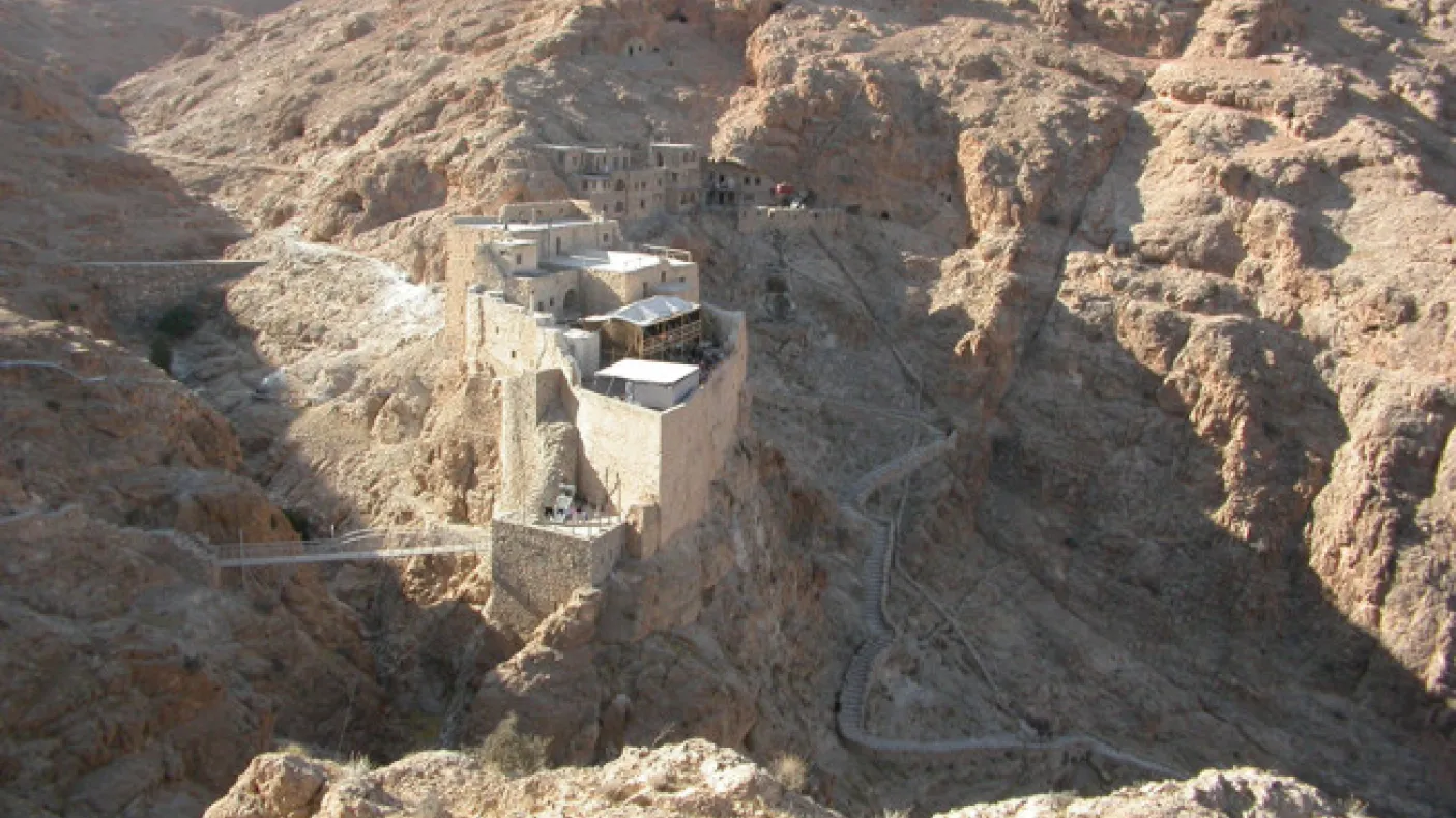 The main monastery buildings at Deir Mar Musa, Syria, from the South., the same view as the reconstructions in the blog.
