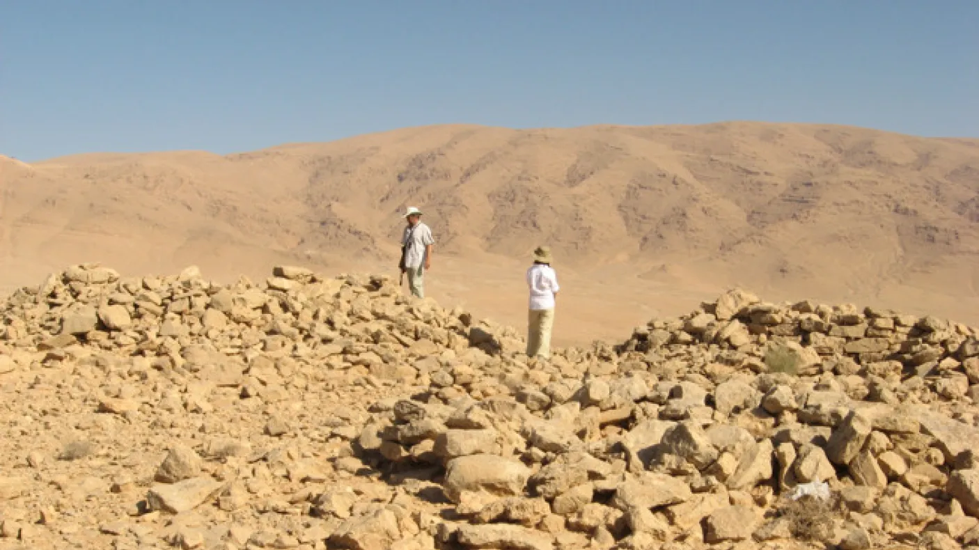 The largest corbelled structure, in fact a complex of three (Feature 56 - 58), with the Qalamoun mountains in the background.
