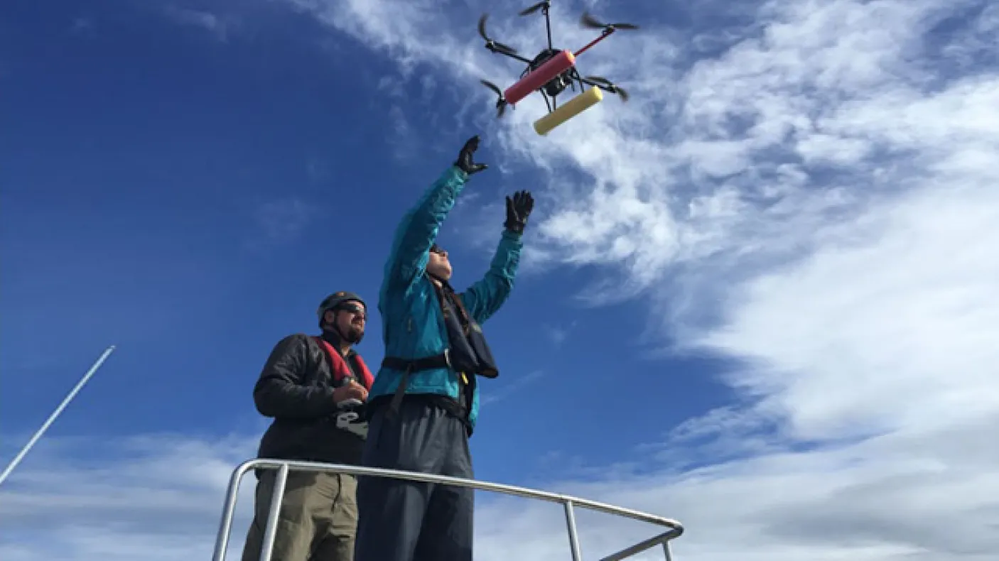 Research conducted by scientists from the NOAA Fisheries and the Vancouver Aquarium using the hexacopter to capture images of killer whales to assess their health. Photo from NOAA Fisheries.
