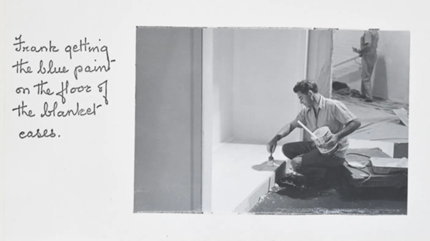 "Frank getting the blue paint on the floor of the blanket cases."
