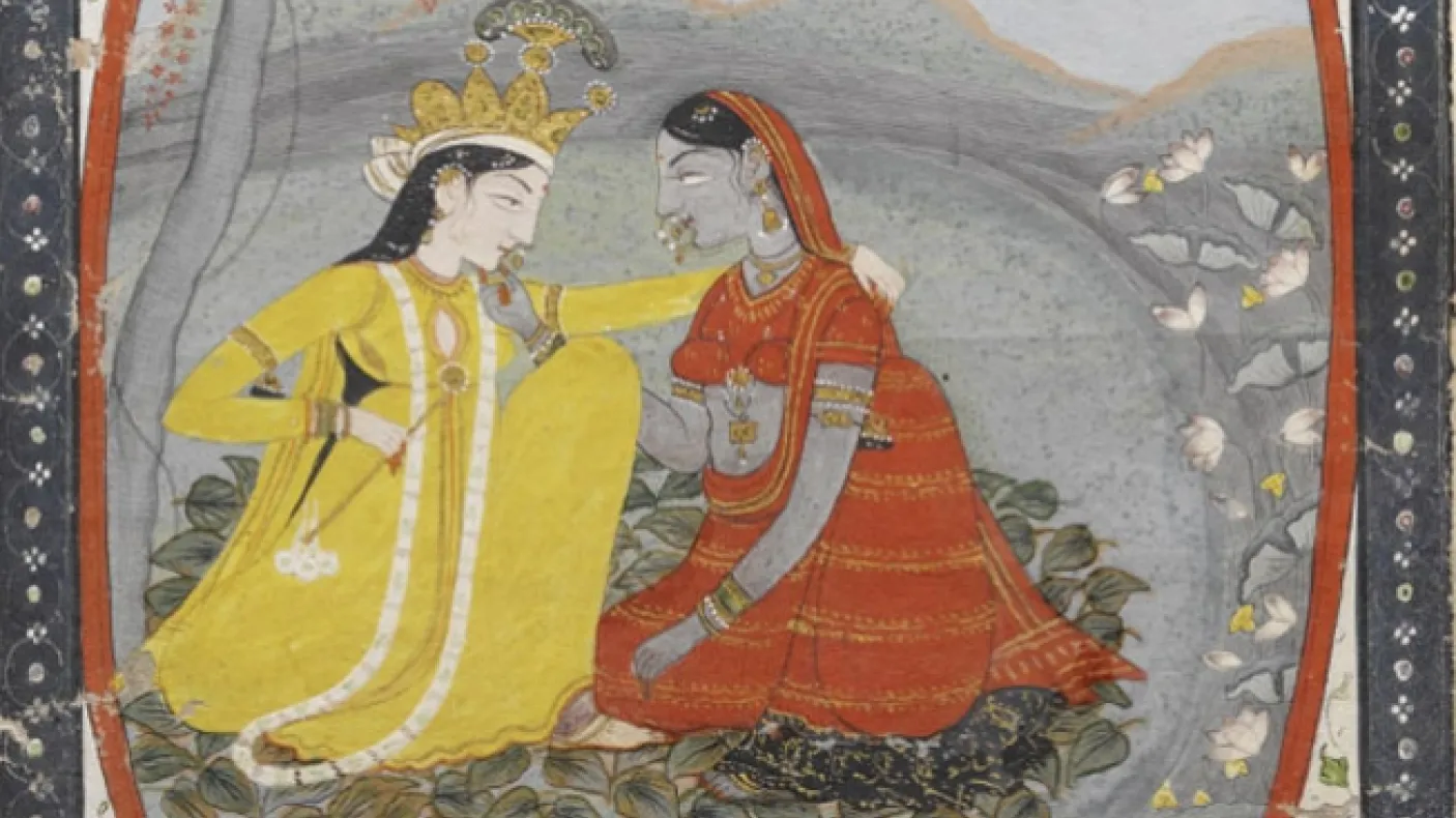 Miniature painting showing Radha and Krishna, (gouache on paper), Mughal period, India, 18th century
