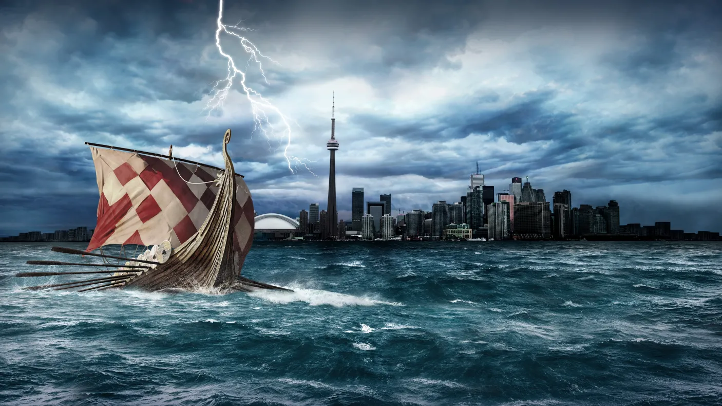 Graphic showing a Viking ship in Toronto harbour
