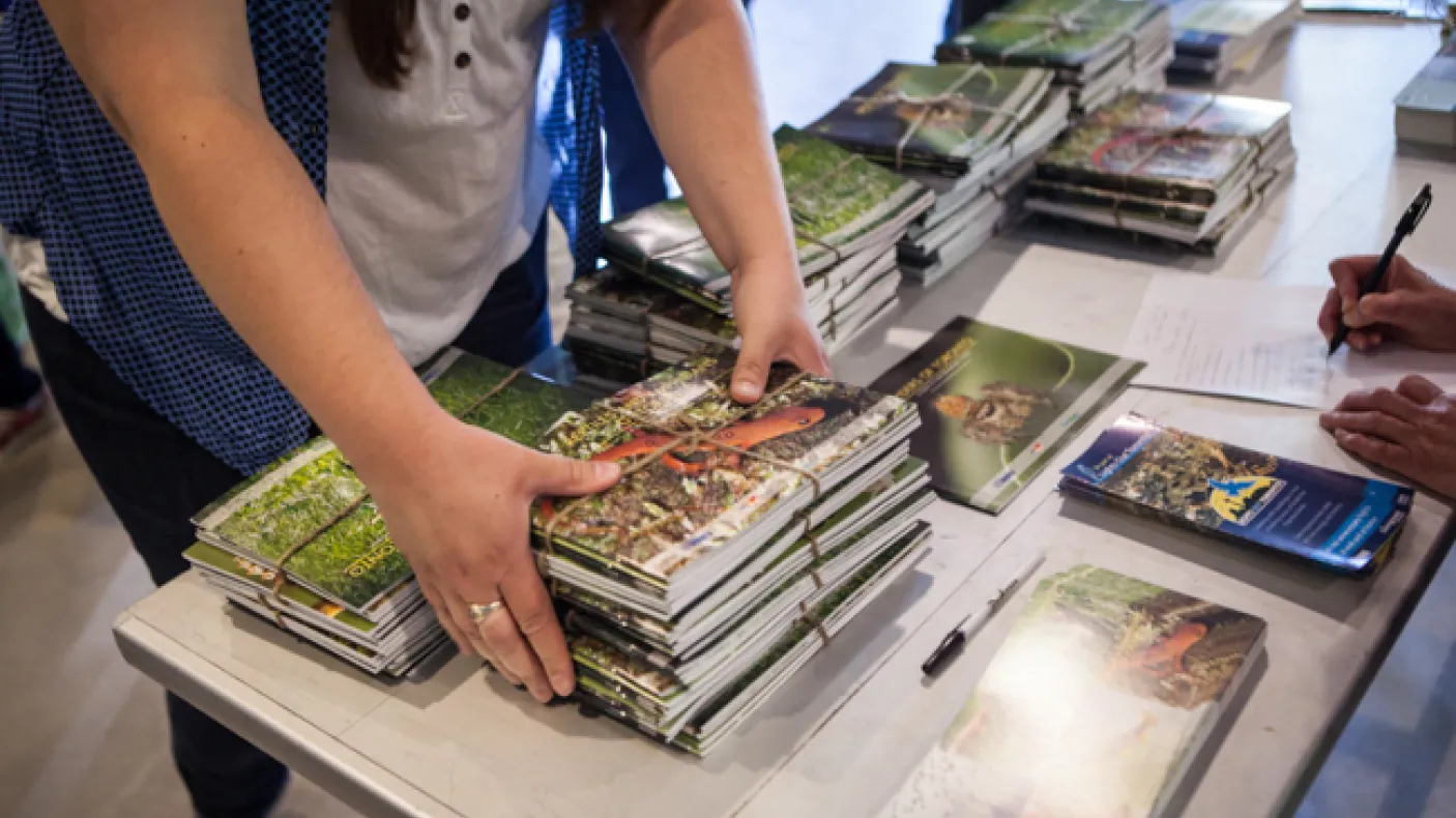 A volunteer gathers a stack of Toronto Biodiversity Series books on a table

