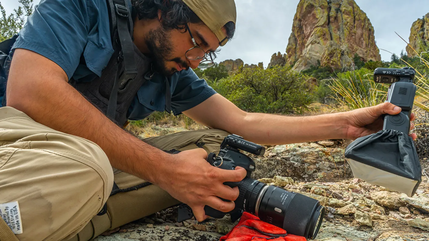 In the Chiricahua Mountains of Arizona, Nick Kanakis prepares to shoot a jumping spider. Photo credit: Javier Aznar.