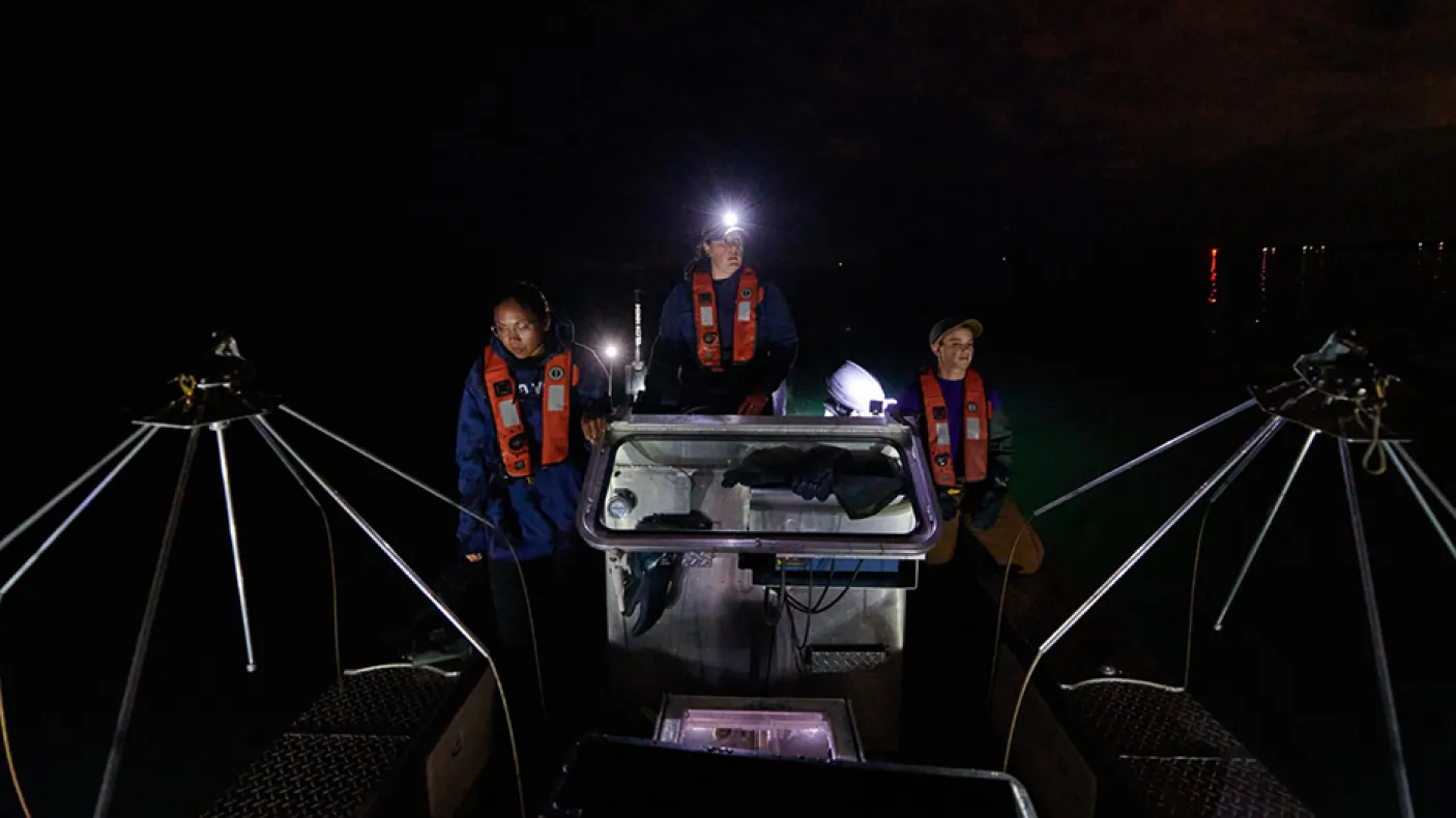 A team drives the electrofishing boat