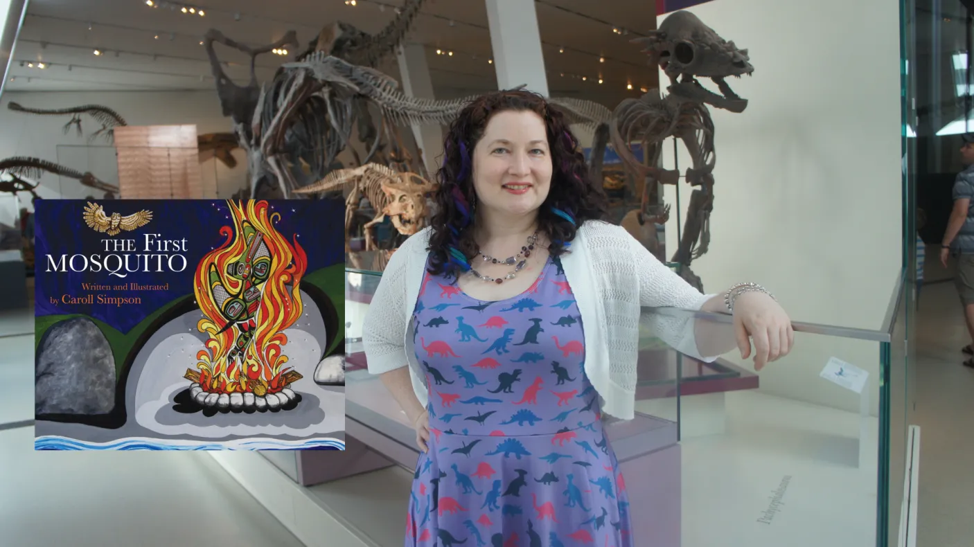 Sarah Elliott with The First Mosquito book cover.
