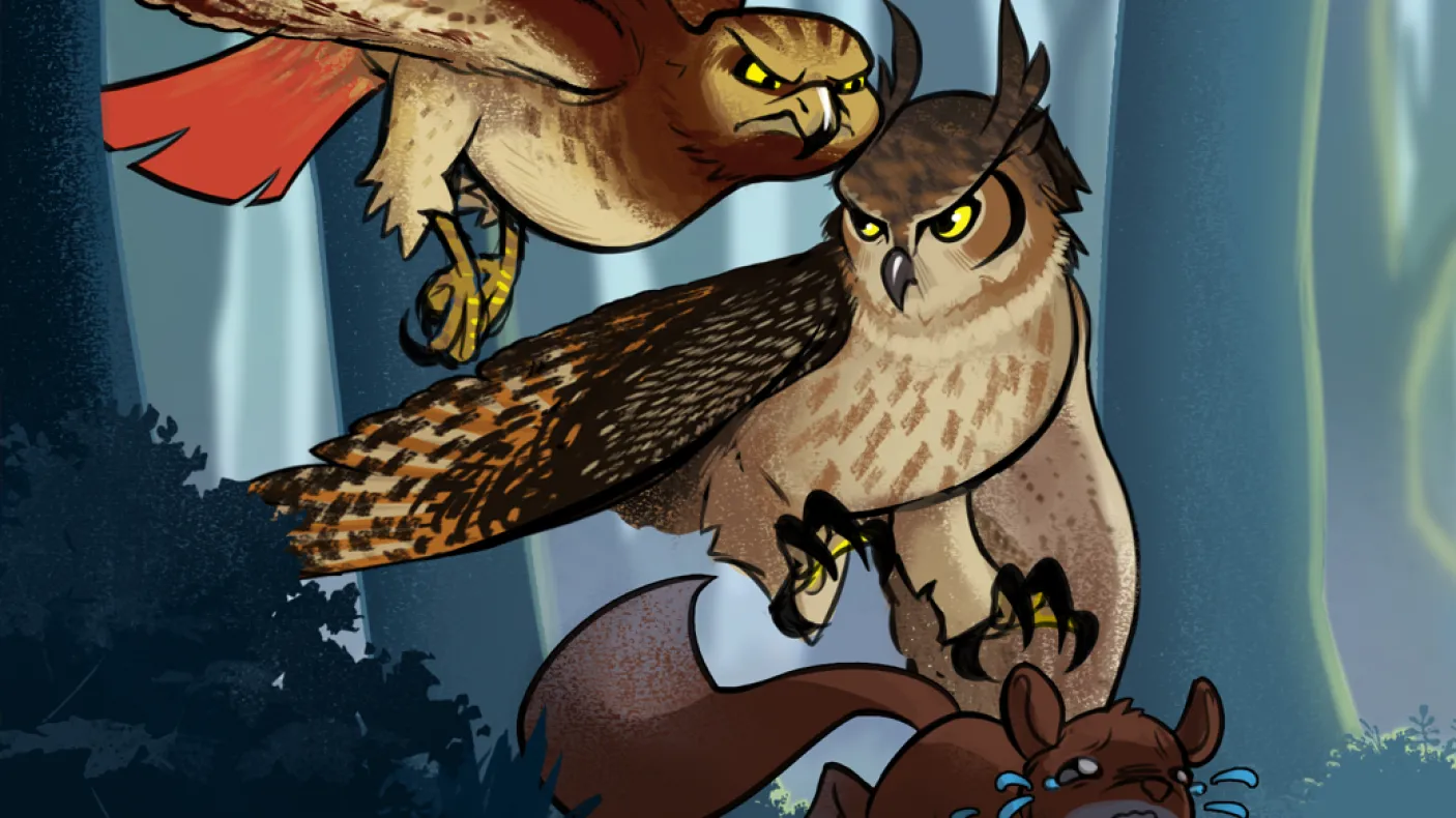 an animated hawk and owl fight over a squirrel
