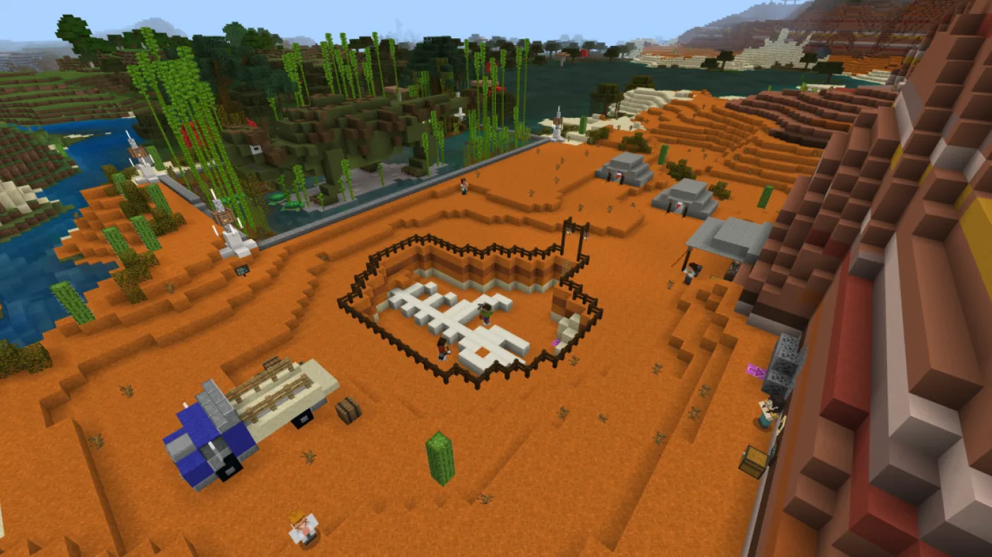 A Minecraft screenshot of a dinosaur dig site with exposed dinosaur fossil, tents, truck with crates, and a holographic recreation of an ankylosaur.
