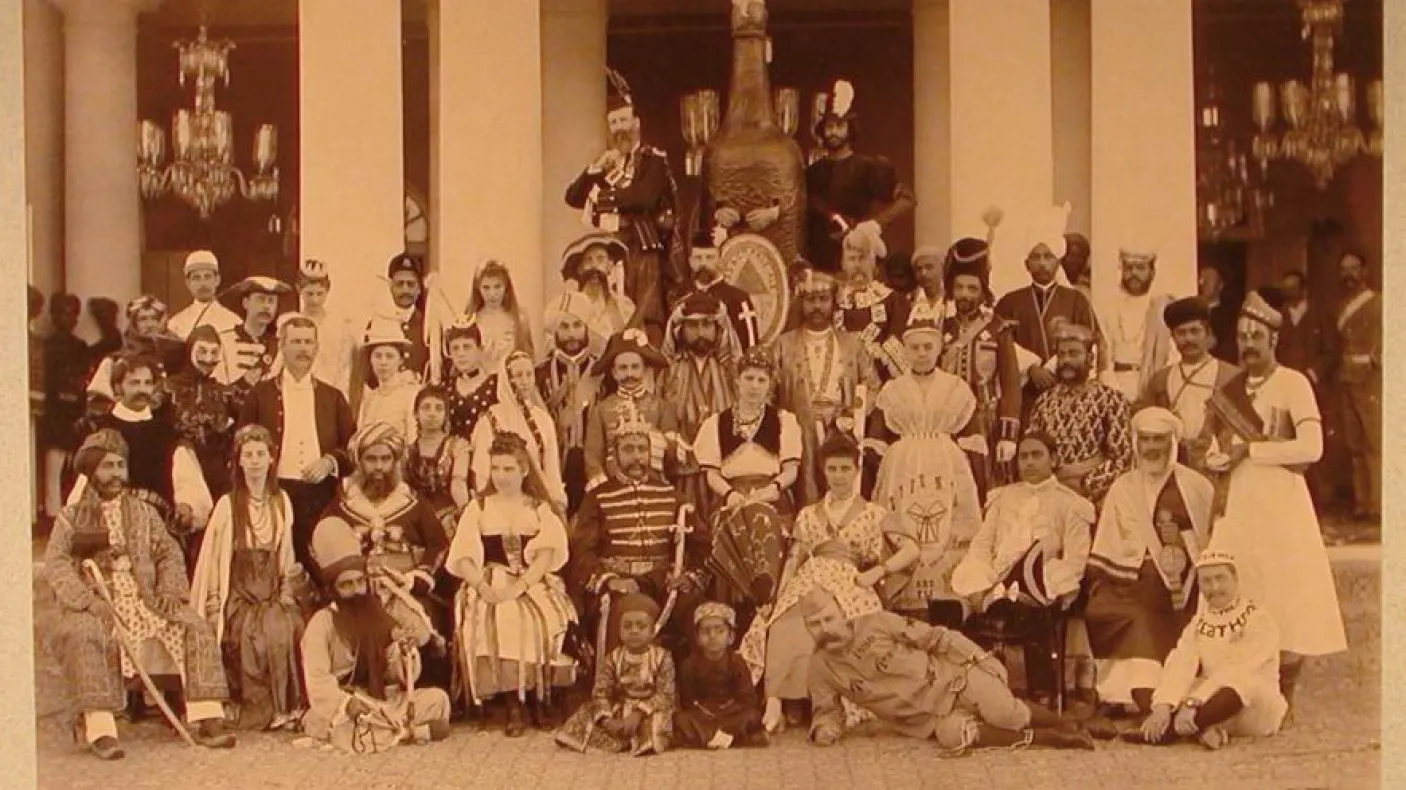 Sir Asman Jah and Fancy Dress Ball Guests, Bashir Bagh Palace, February 1890, Albumen print
